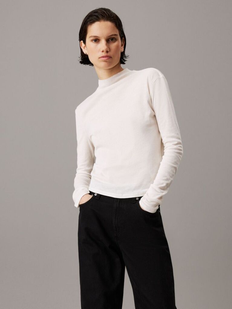 White Sheer Knit Long Sleeve Top  Women