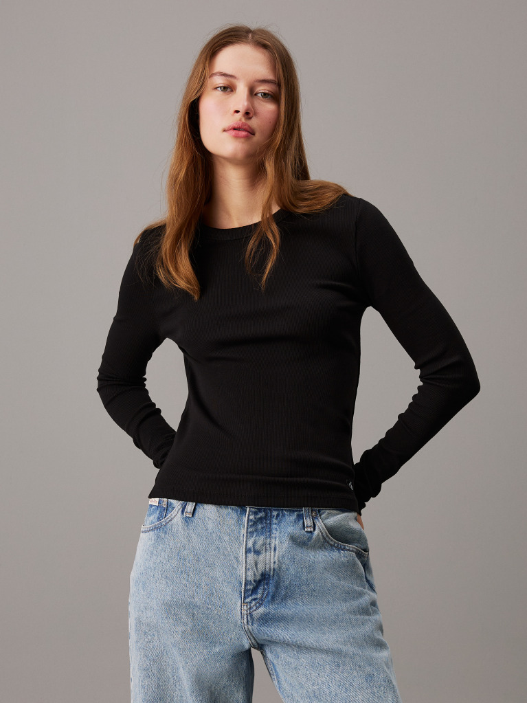 Black Slim Ribbed Long Sleeve Top  Women