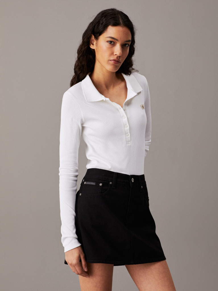 White Long Sleeve Ribbed Polo Bodysuit  Women