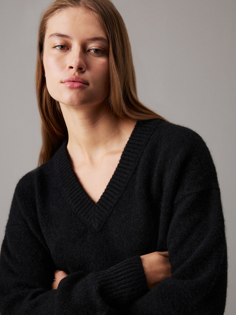 Black Soft wool blend jumper dress with V-neckline  Women