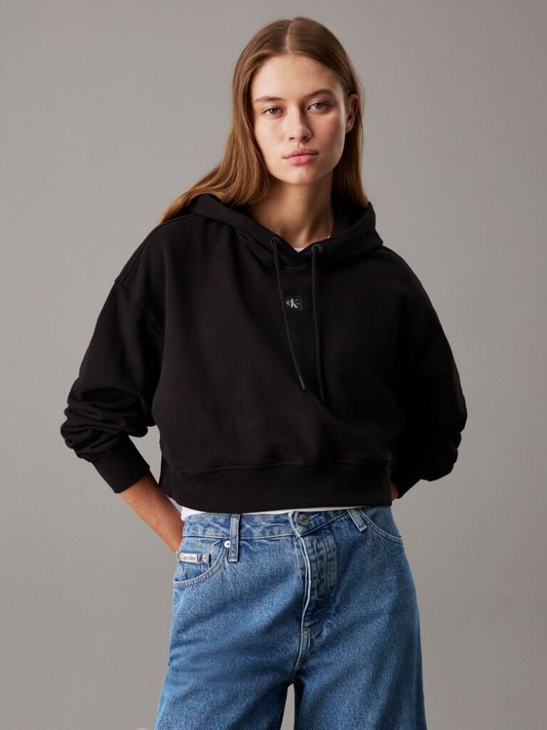 Black Boxy Cotton Terry Hoodie  Women