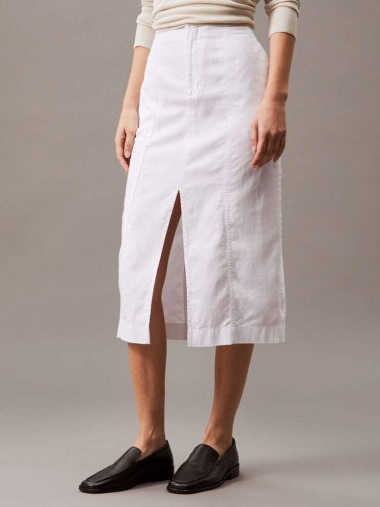 White Cotton Linen Twill Midi Skirt  Women