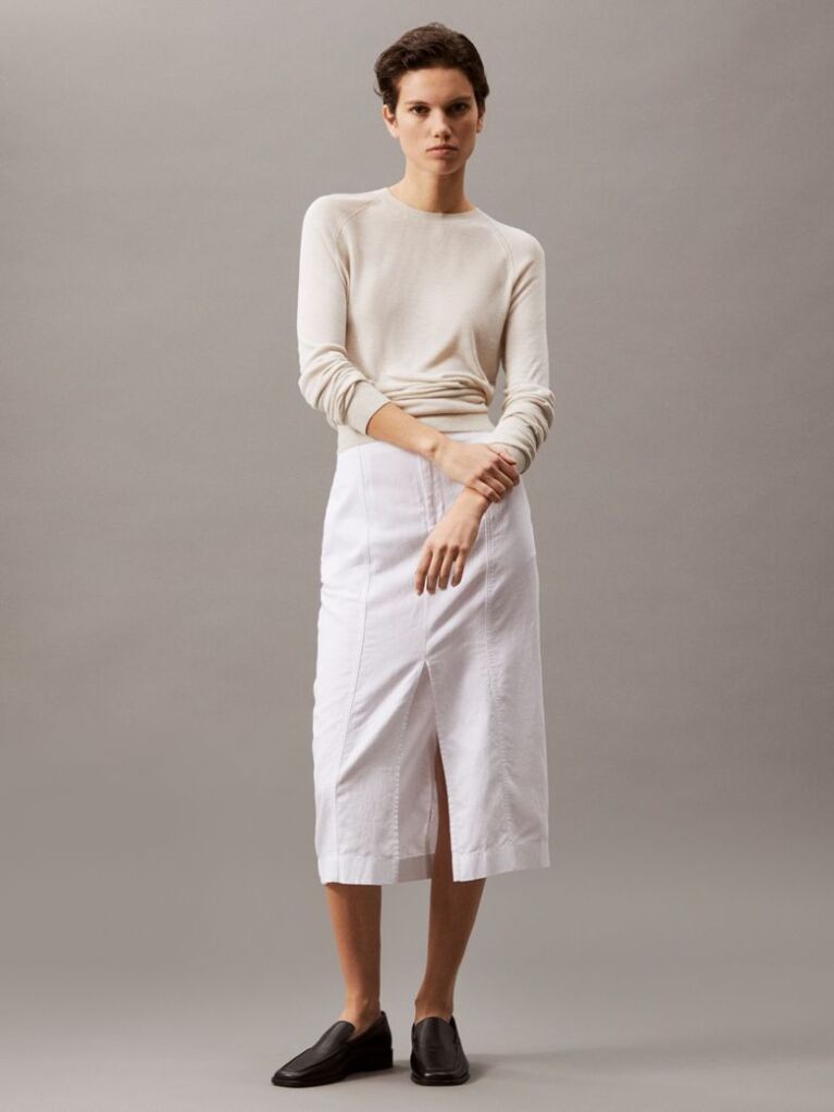 White Cotton Linen Twill Midi Skirt  Women