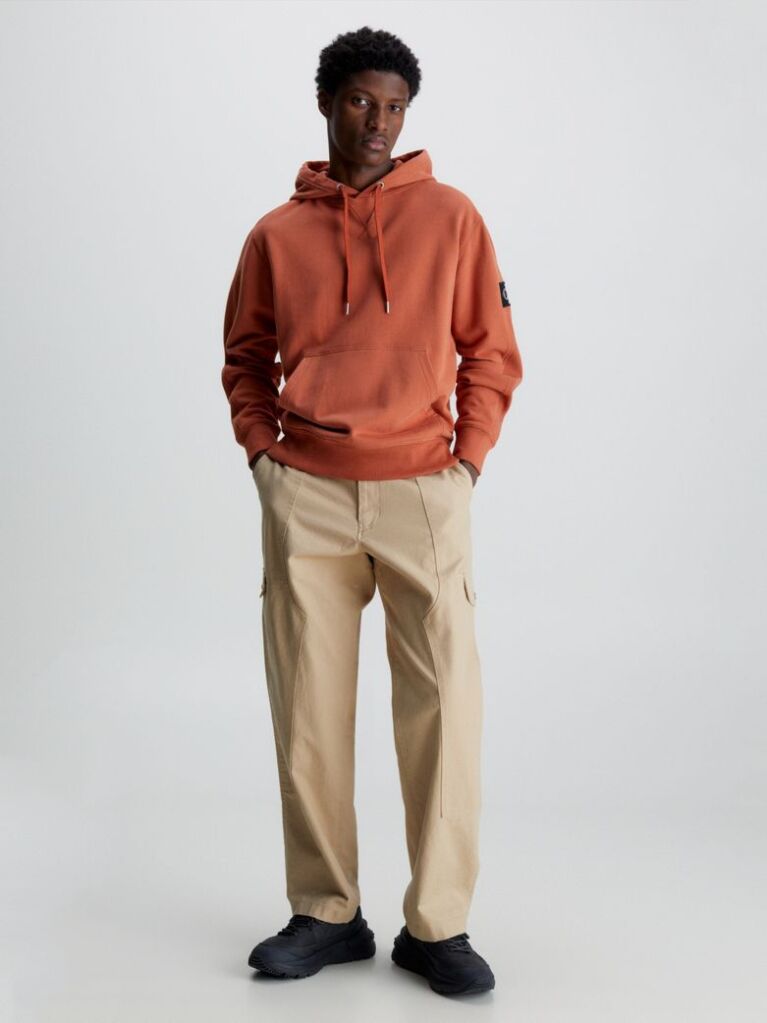 Orange Cotton Badge Hoodie  Men