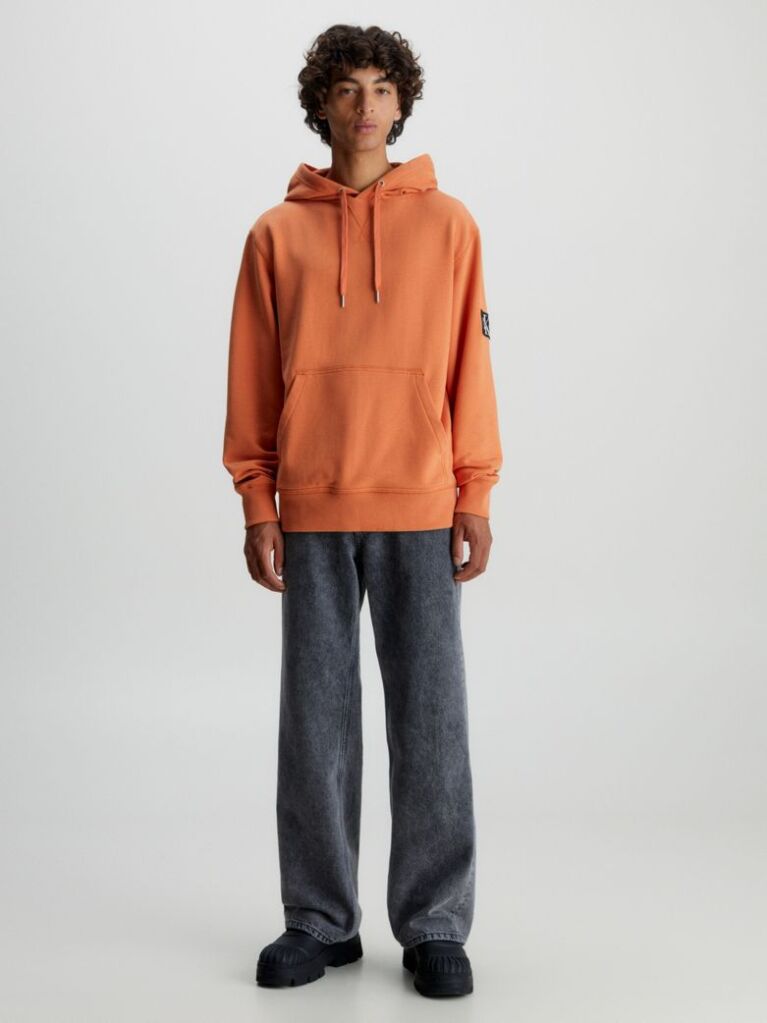 Orange Cotton Badge Hoodie  Men