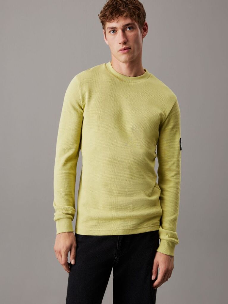 Green Slim Long Sleeve Waffle T-shirt  Men