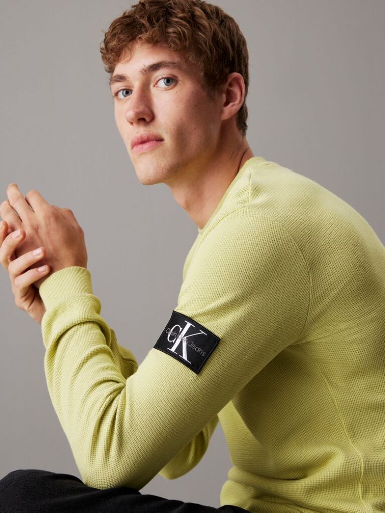 Green Slim Long Sleeve Waffle T-shirt  Men