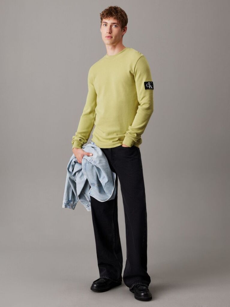 Green Slim Long Sleeve Waffle T-shirt  Men