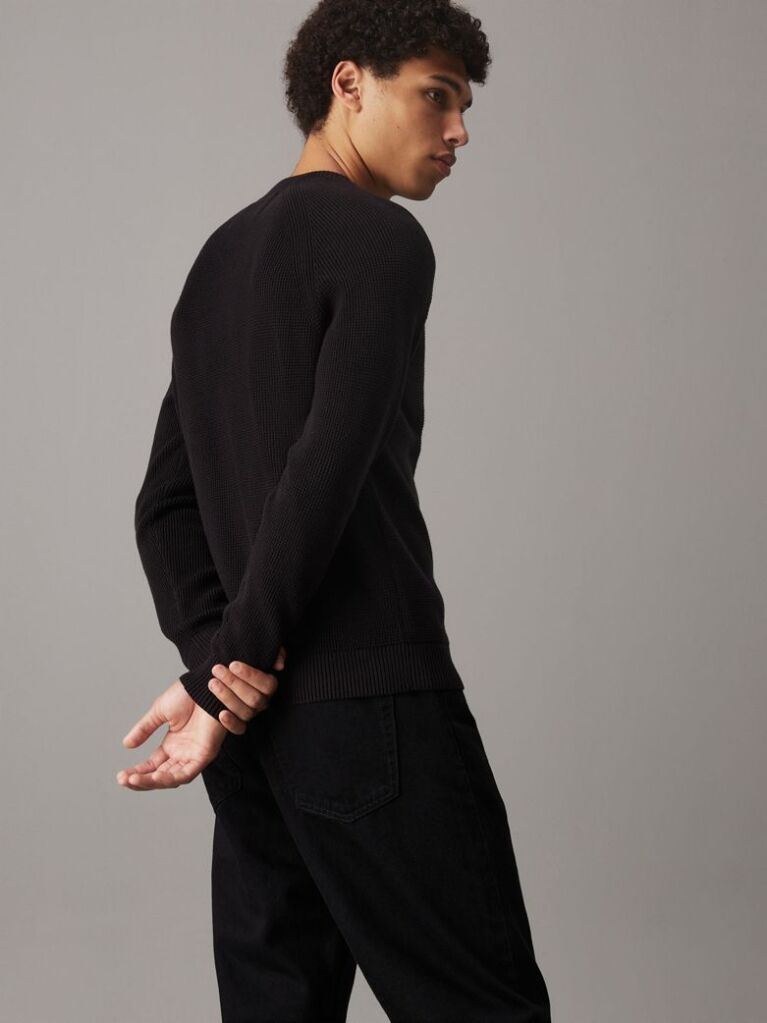 Black Waffle Cotton Badge Jumper  Men