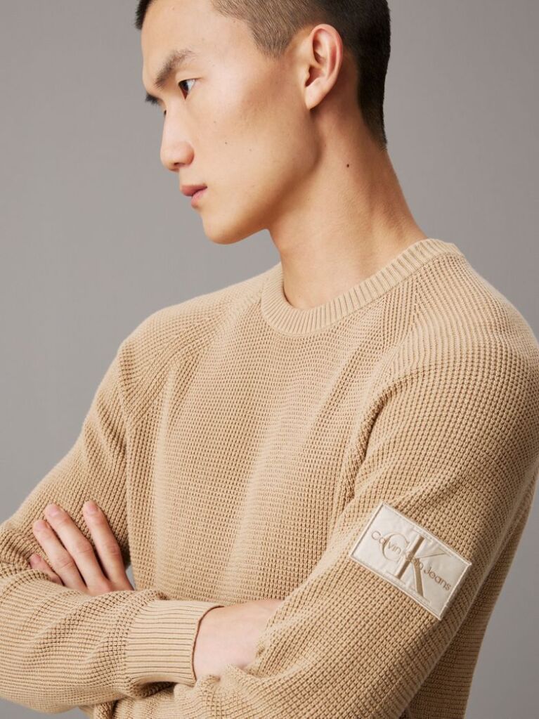 Beige Waffle Cotton Badge Jumper  Men