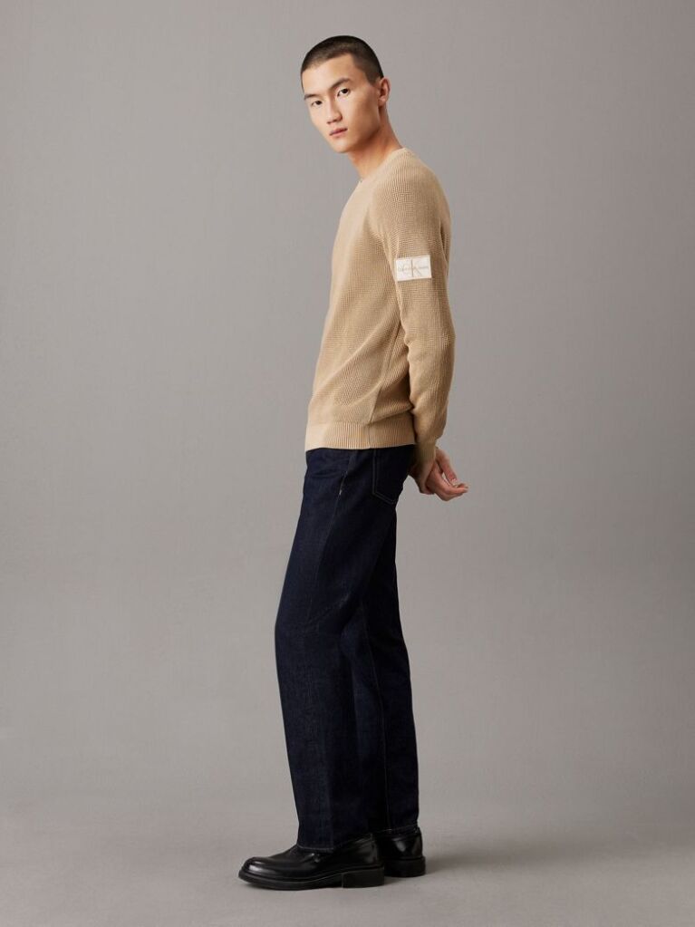 Beige Waffle Cotton Badge Jumper  Men