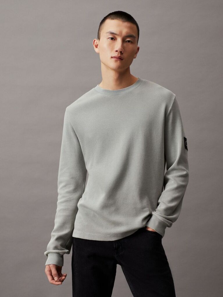 Green Slim Long Sleeve Waffle T-shirt  Men