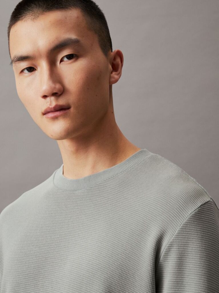 Green Slim Long Sleeve Waffle T-shirt  Men