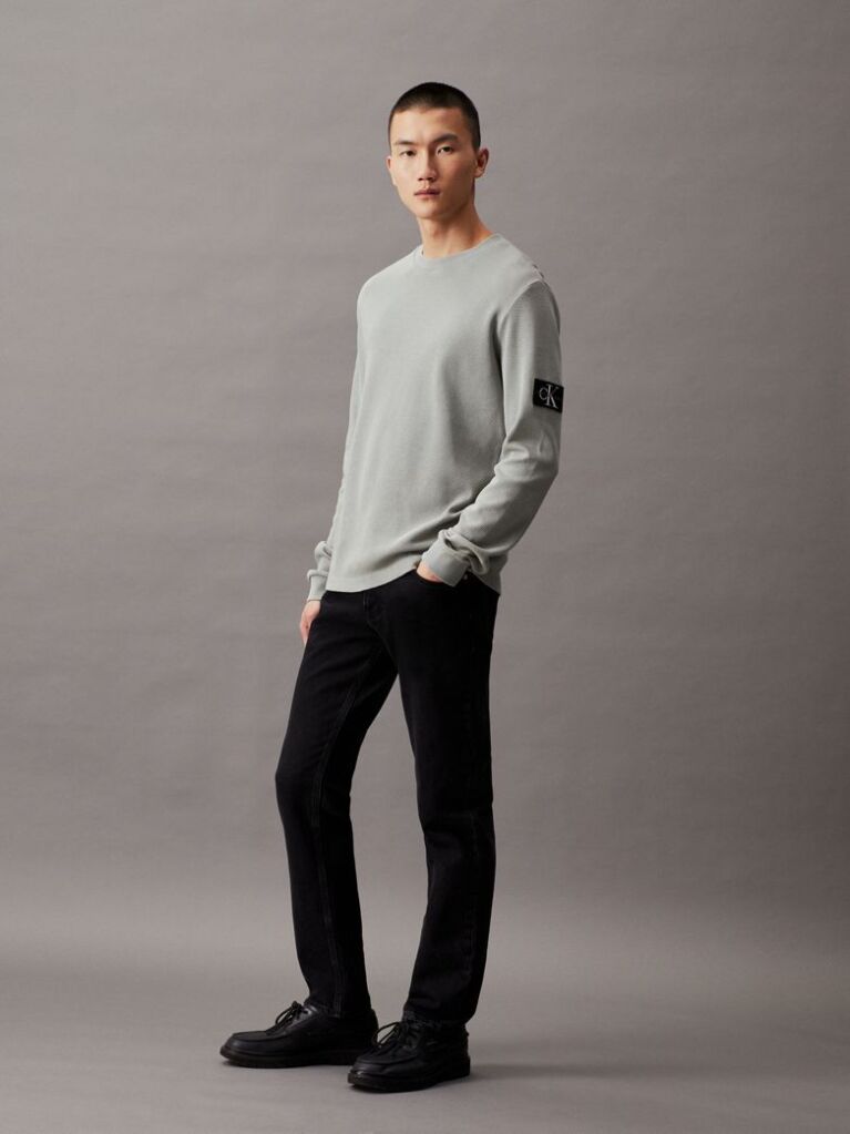 Green Slim Long Sleeve Waffle T-shirt  Men