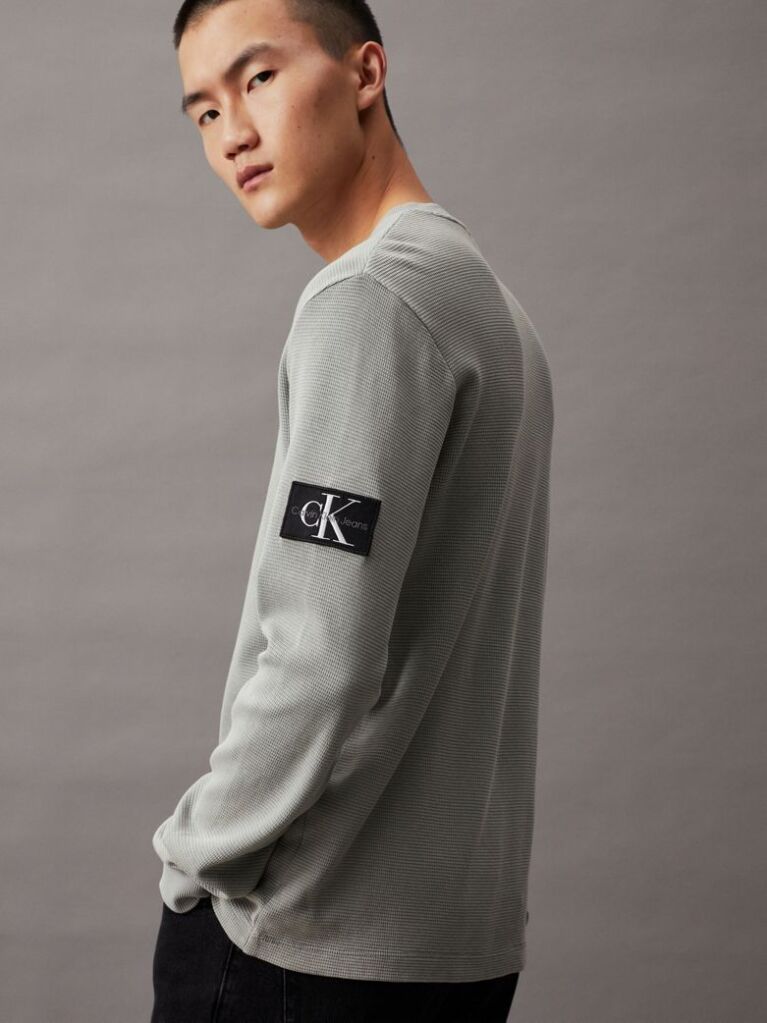 Green Slim Long Sleeve Waffle T-shirt  Men