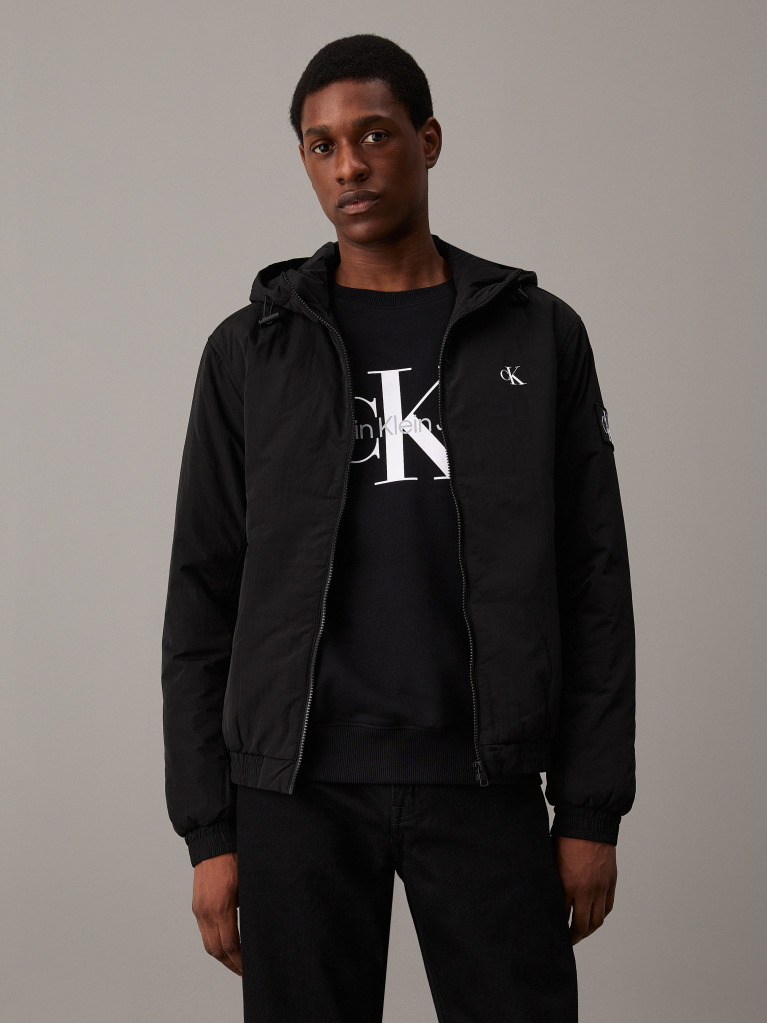 Black Nylon Hooded Zip Up Jacket  Men