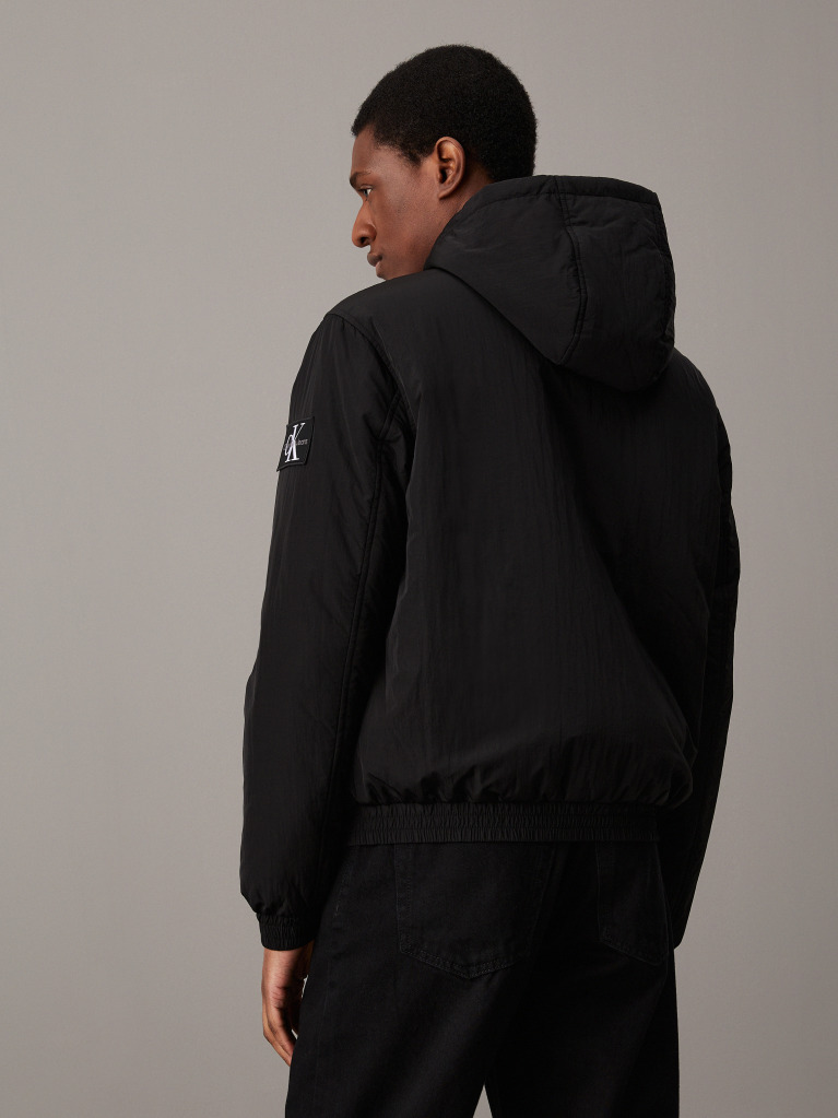 Black Nylon Hooded Zip Up Jacket  Men