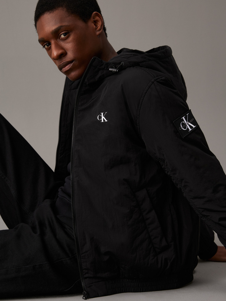 Black Nylon Hooded Zip Up Jacket  Men