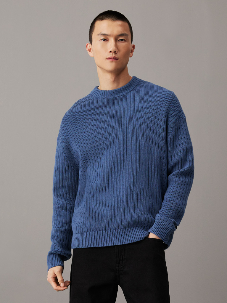 Blue Relaxed Ribbed Cotton Jumper  Men