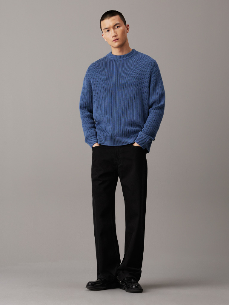 Blue Relaxed Ribbed Cotton Jumper  Men
