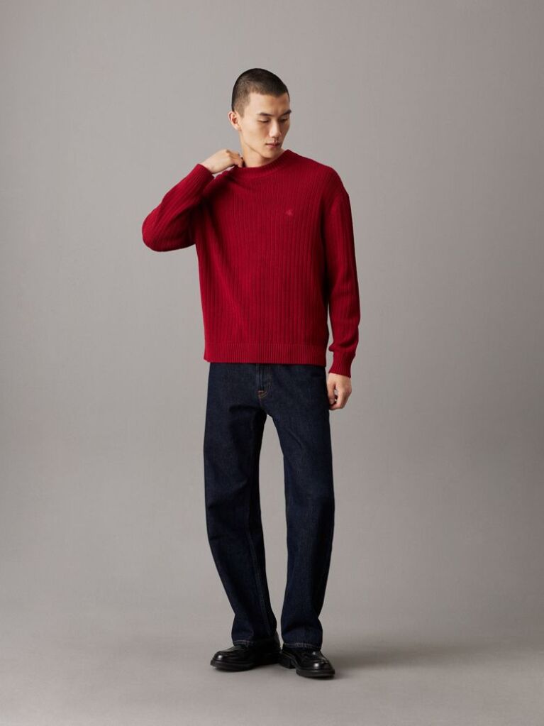 Red Relaxed Ribbed Cotton Jumper  Men
