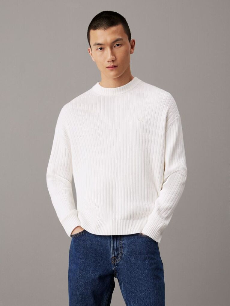 White Relaxed Ribbed Cotton Jumper  Men