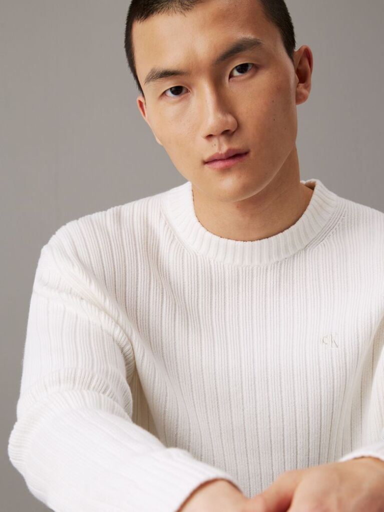 White Relaxed Ribbed Cotton Jumper  Men