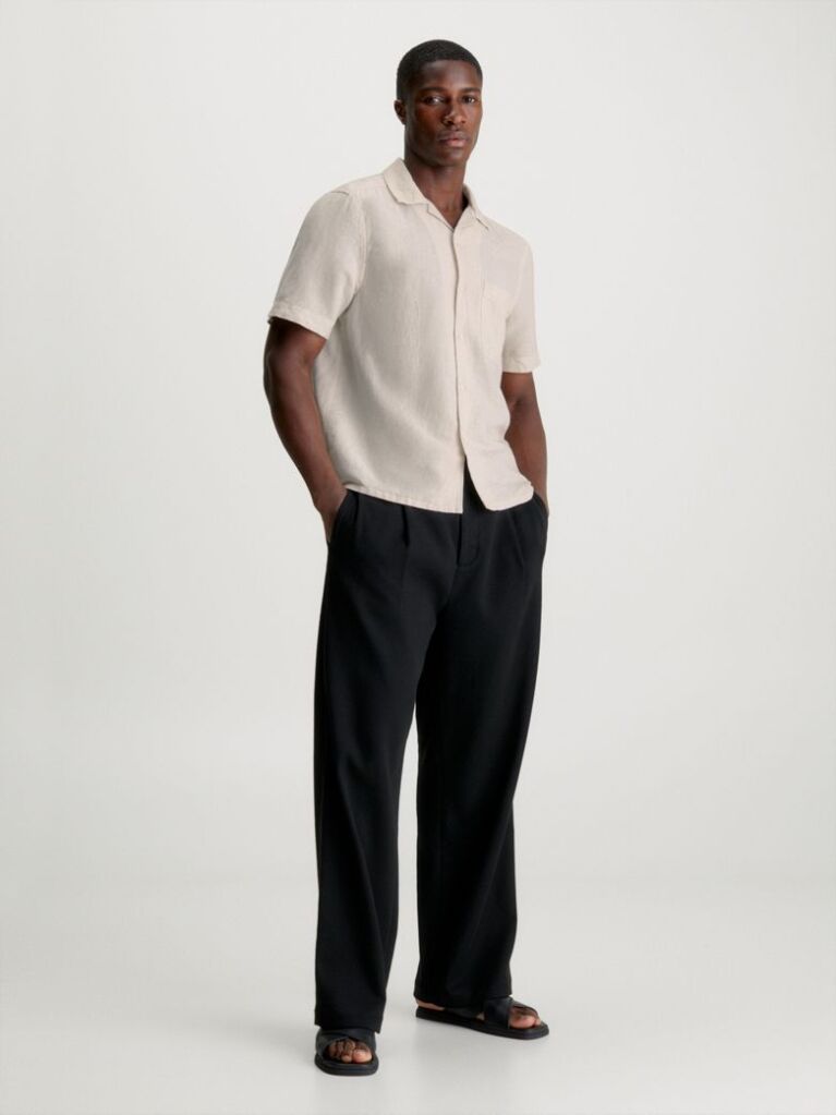 Beige Linen Cotton Short Sleeve Shirt  Men