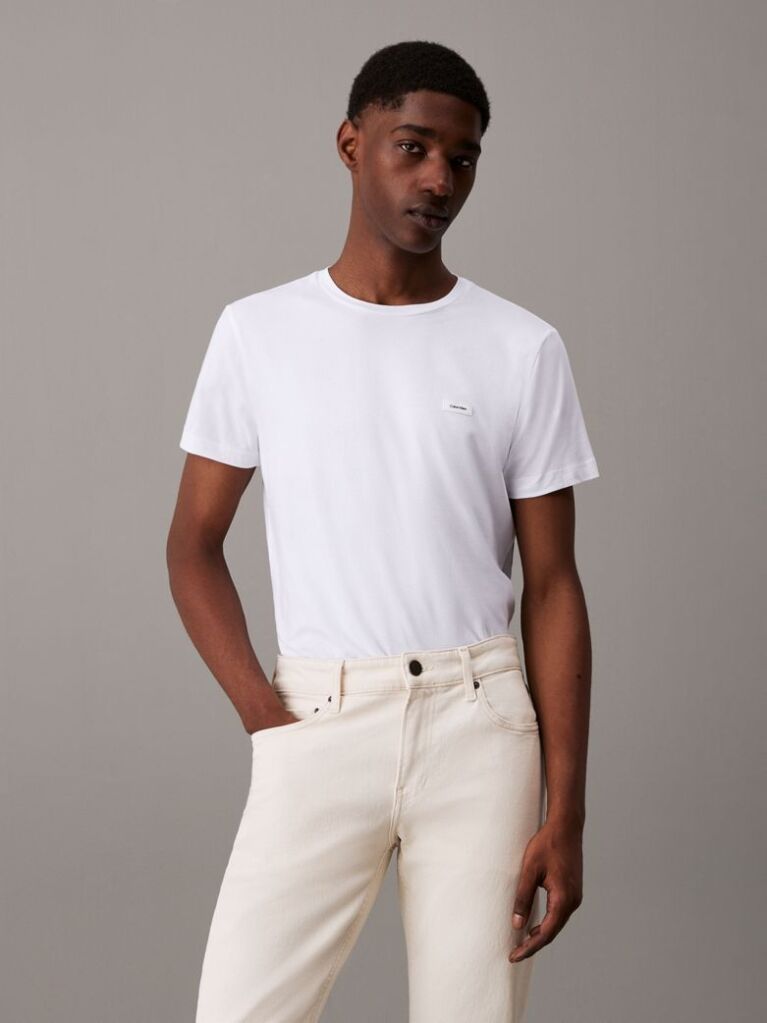 Λευκό Slim Ελαστικό Βαμβακερό T-shirt  Άνδρας