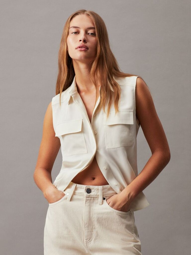 Beige Sleeveless Sateen Blouse  Women