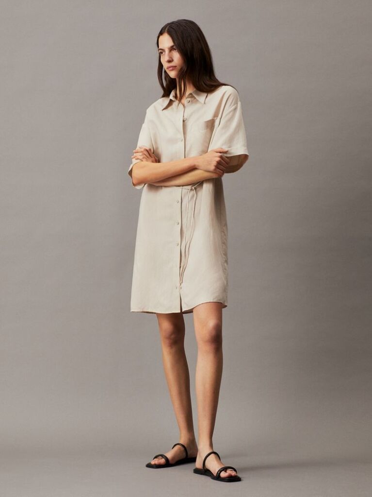 Beige Relaxed Linen Blend Shirt Dress  Women