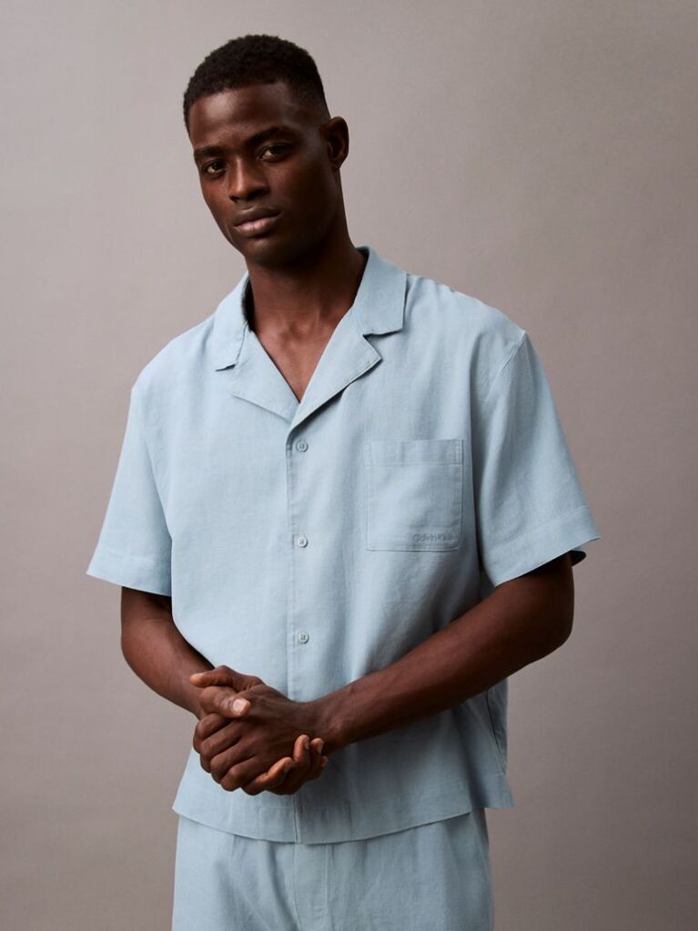 Blue Linen Blend Pyjama Top  Men