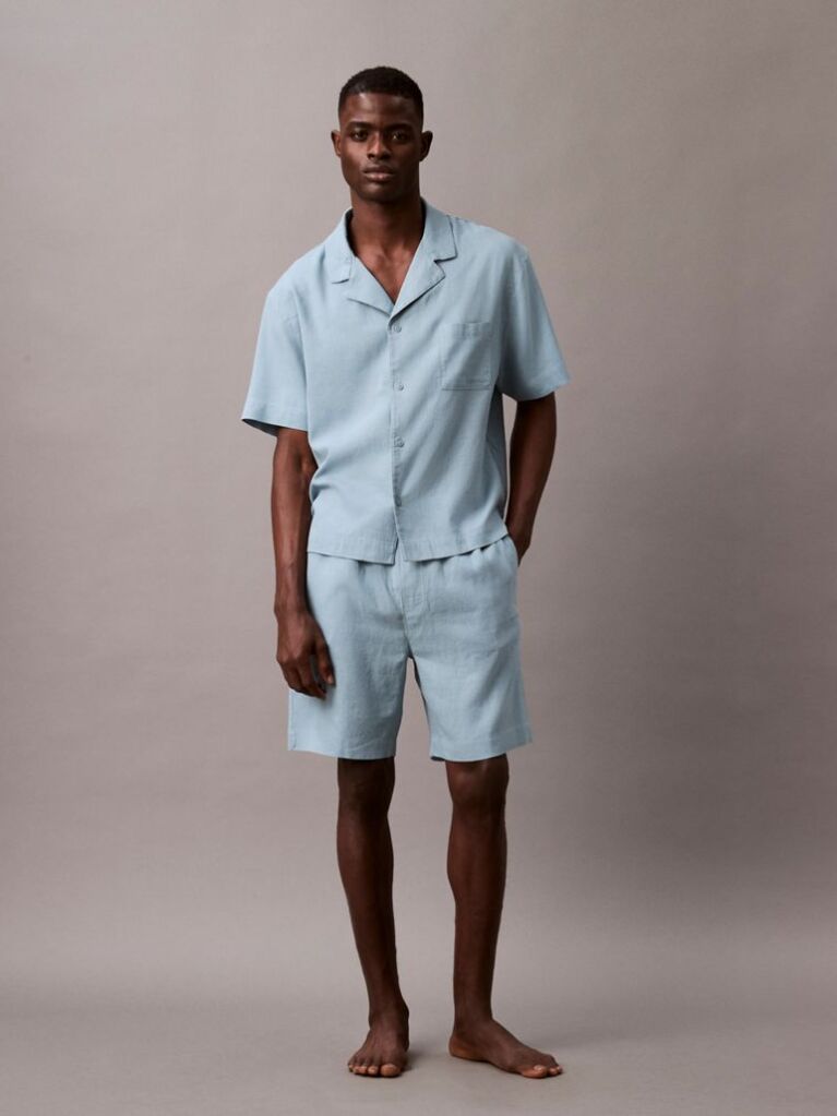 Blue Linen Blend Pyjama Top  Men