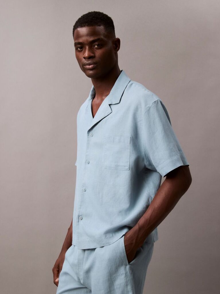 Blue Linen Blend Pyjama Top  Men