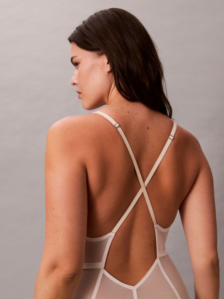 Beige Shapewear Mid Thigh Bodysuit - Minimalist Mesh  Women