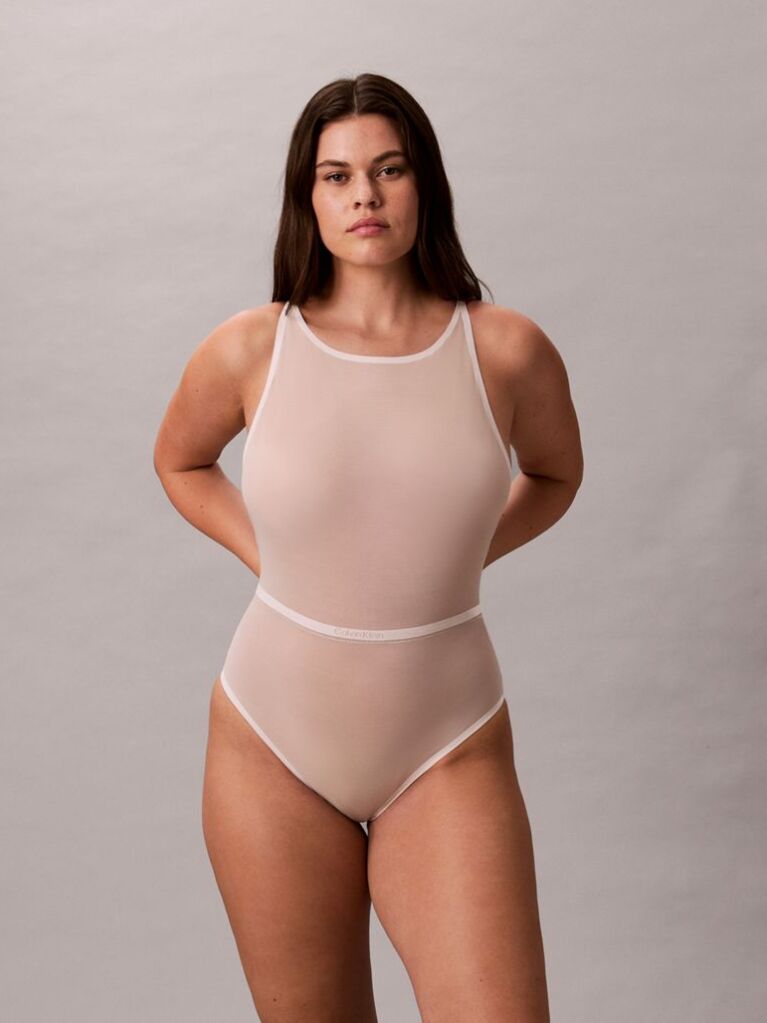 Beige Shapewear Mid Thigh Bodysuit - Minimalist Mesh  Women