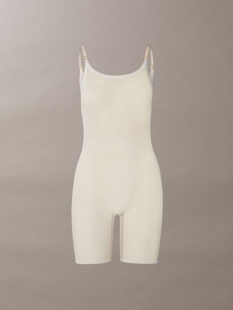 Beige Shapewear Mid Thigh Bodysuit - Minimalist Mesh  Women