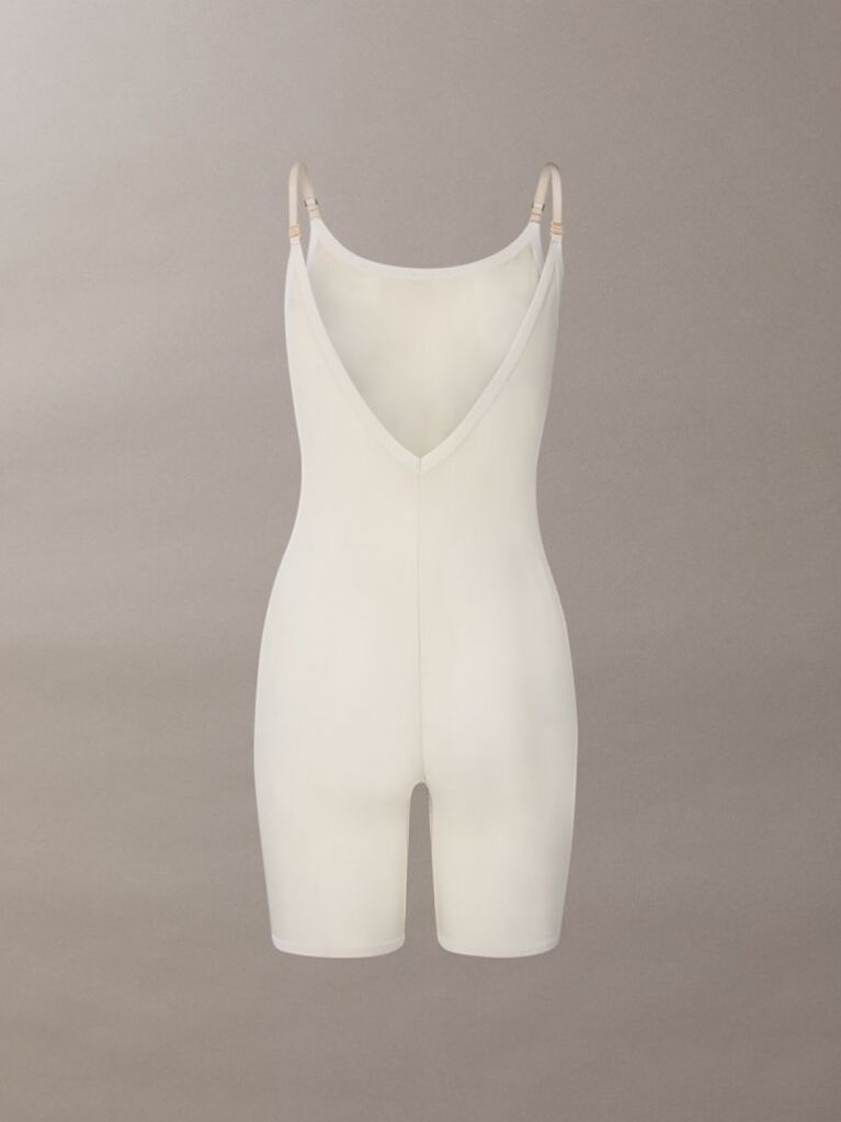 Beige Shapewear Mid Thigh Bodysuit - Minimalist Mesh  Women