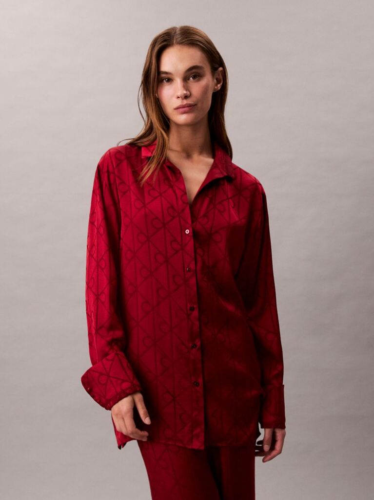 Red Satin Sheen Print Pyjama Shirt  Women