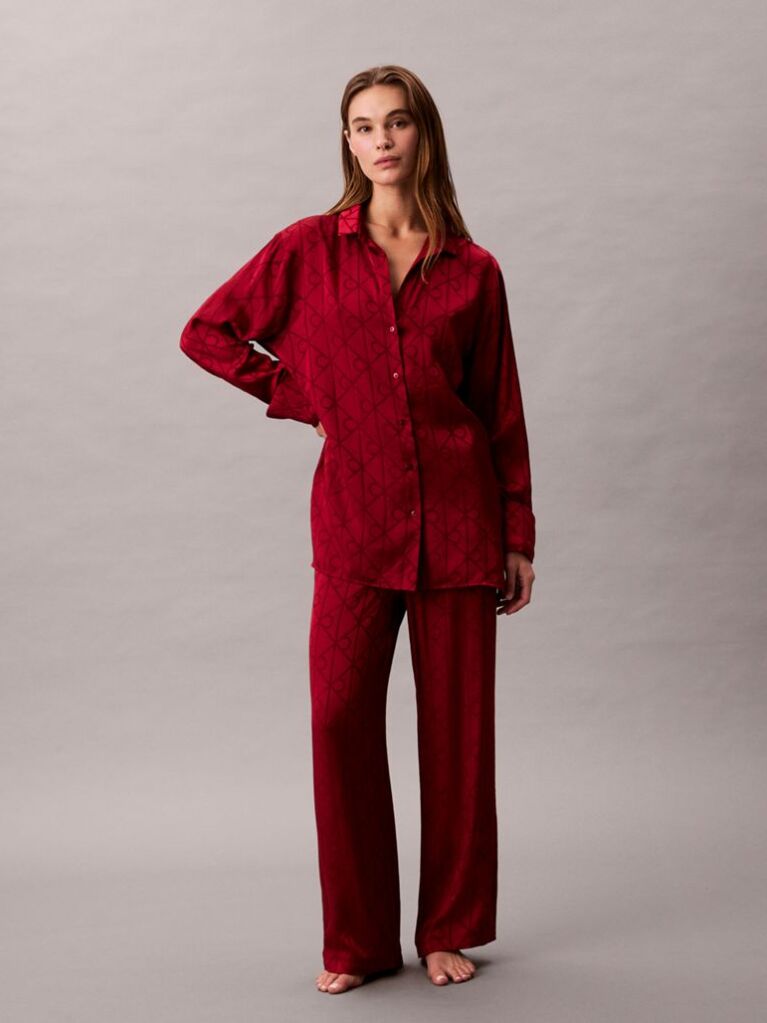 Red Satin Sheen Print Pyjama Shirt  Women