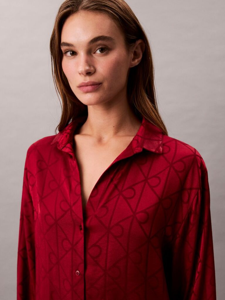 Red Satin Sheen Print Pyjama Shirt  Women