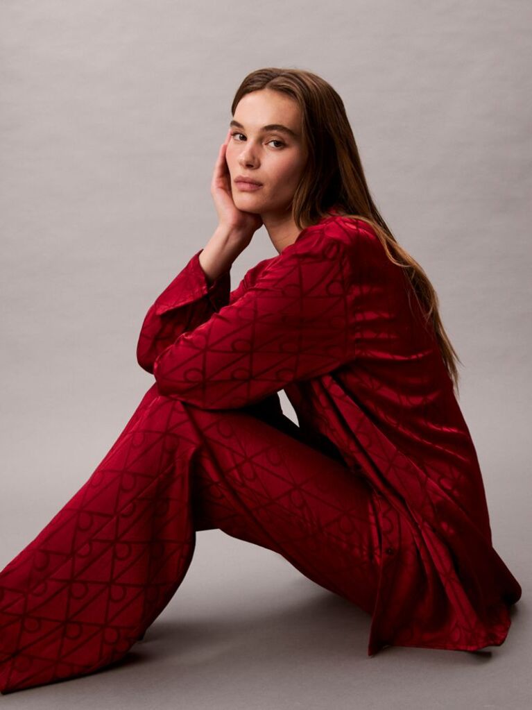 Red Satin Sheen Print Pyjama Shirt  Women