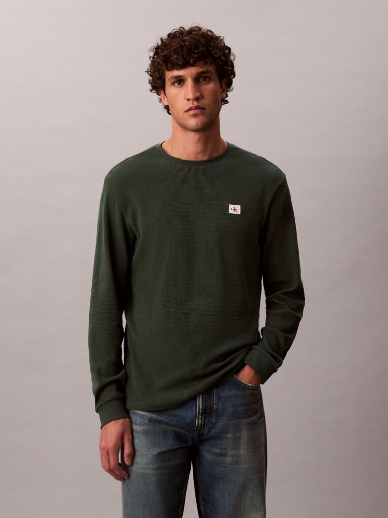 Green Long Sleeve Waffle T-shirt  Men