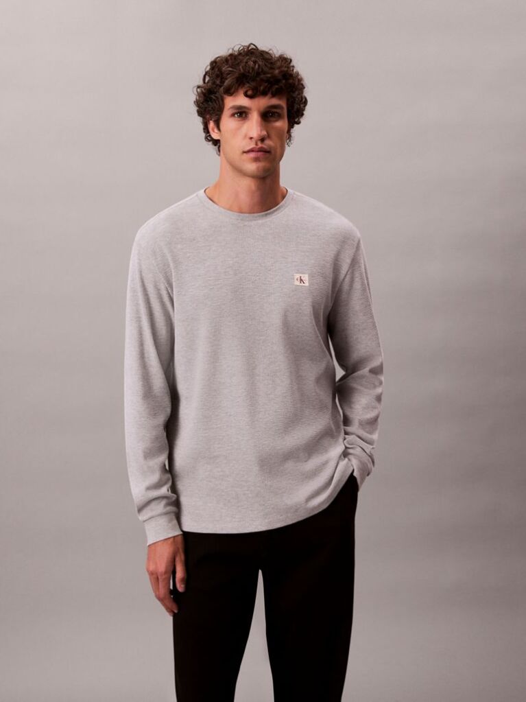 Grey Long Sleeve Waffle T-shirt  Men