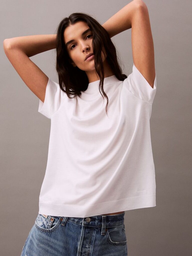 White Lyocell Mock Neck T-Shirt  Women