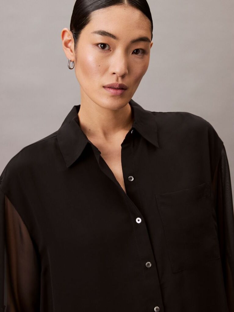 Black Roll Sleeve Utility Pocket Blouse  Women