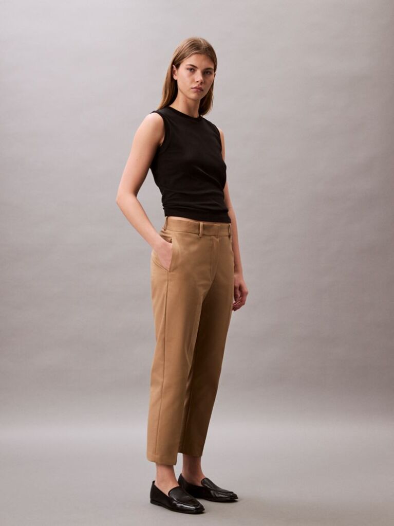 Brown Cotton Stretch Straight Fit Chino Pants  Women