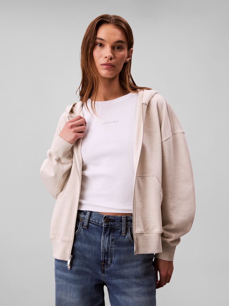 Beige Embroidered French Terry Hoodie  Women