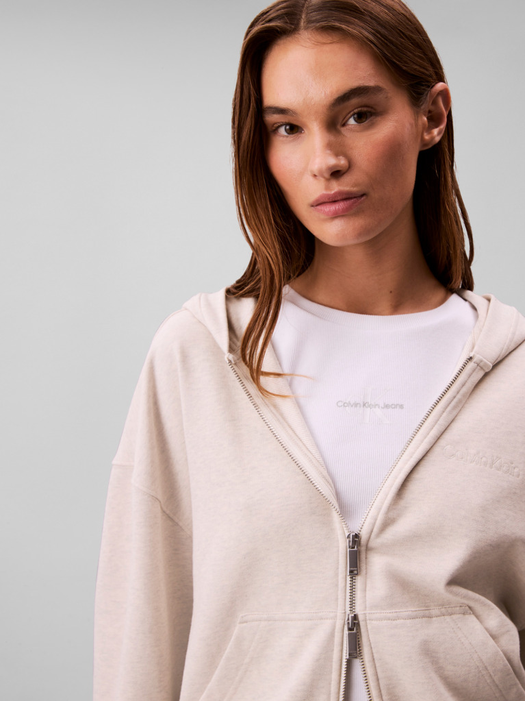 Beige Embroidered French Terry Hoodie  Women