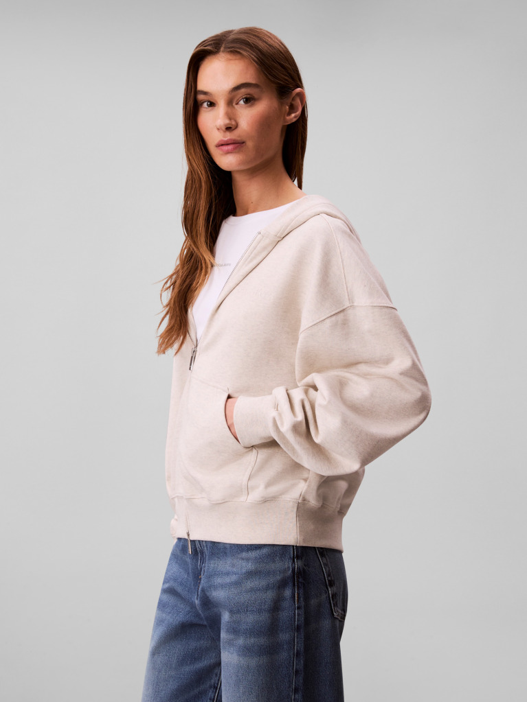 Beige Embroidered French Terry Hoodie  Women